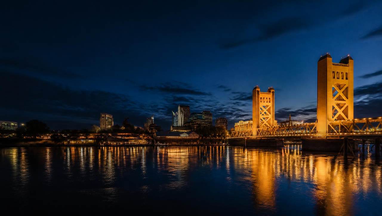 Sacramento night skyline behind Summit Force Security Group officers
