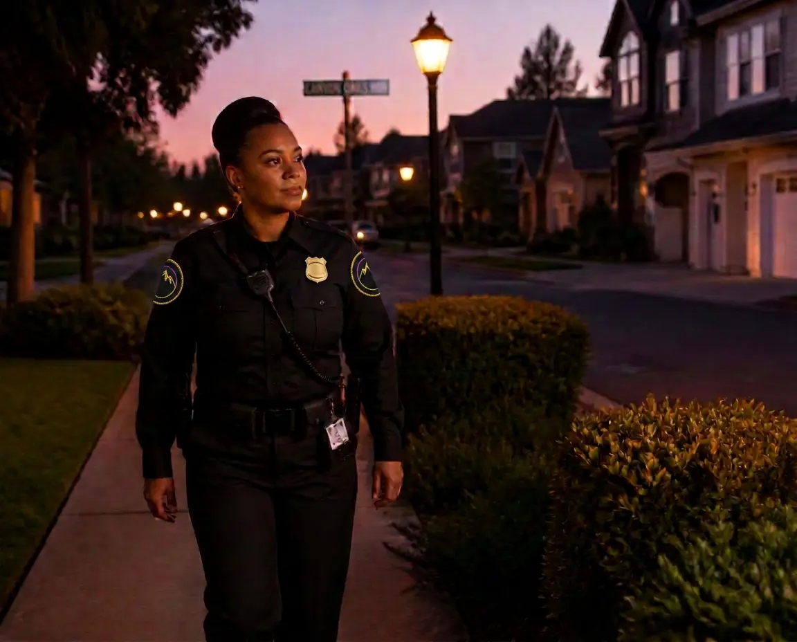 Summit Force security officer walking a residential HOA neighborhood patrol post in Citrus Heights at dusk