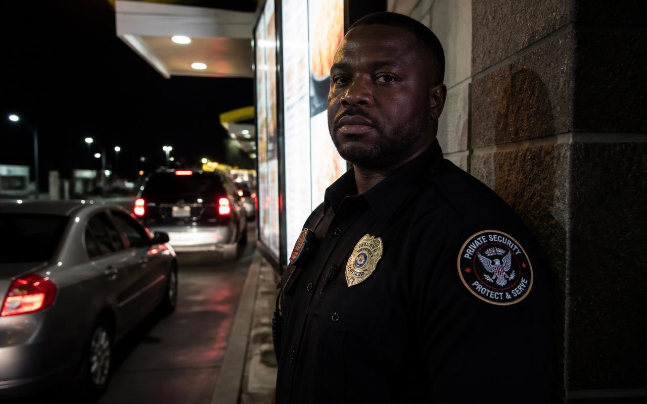 Security officer checking vehicles at a gated drive lane in Auburn, California