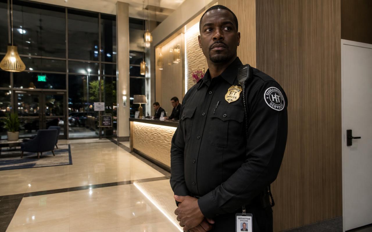 Security officer at a lobby concierge post inside a Rocklin property