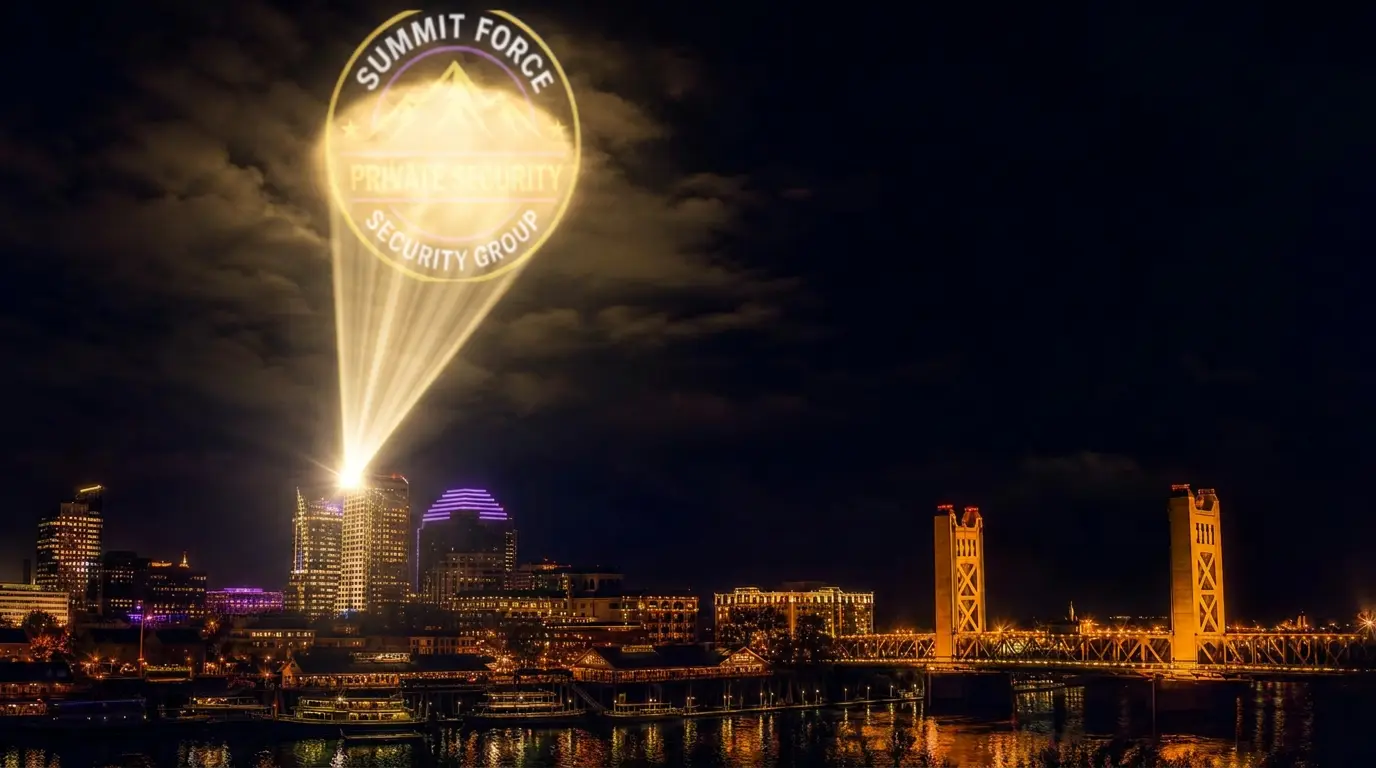 Summit Force seal projected over the night Sacramento skyline.