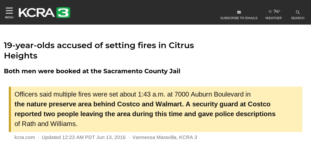 Screenshot of the KCRA 3 story on the Citrus Heights arson case, highlighting the security guard who reported the suspects to police