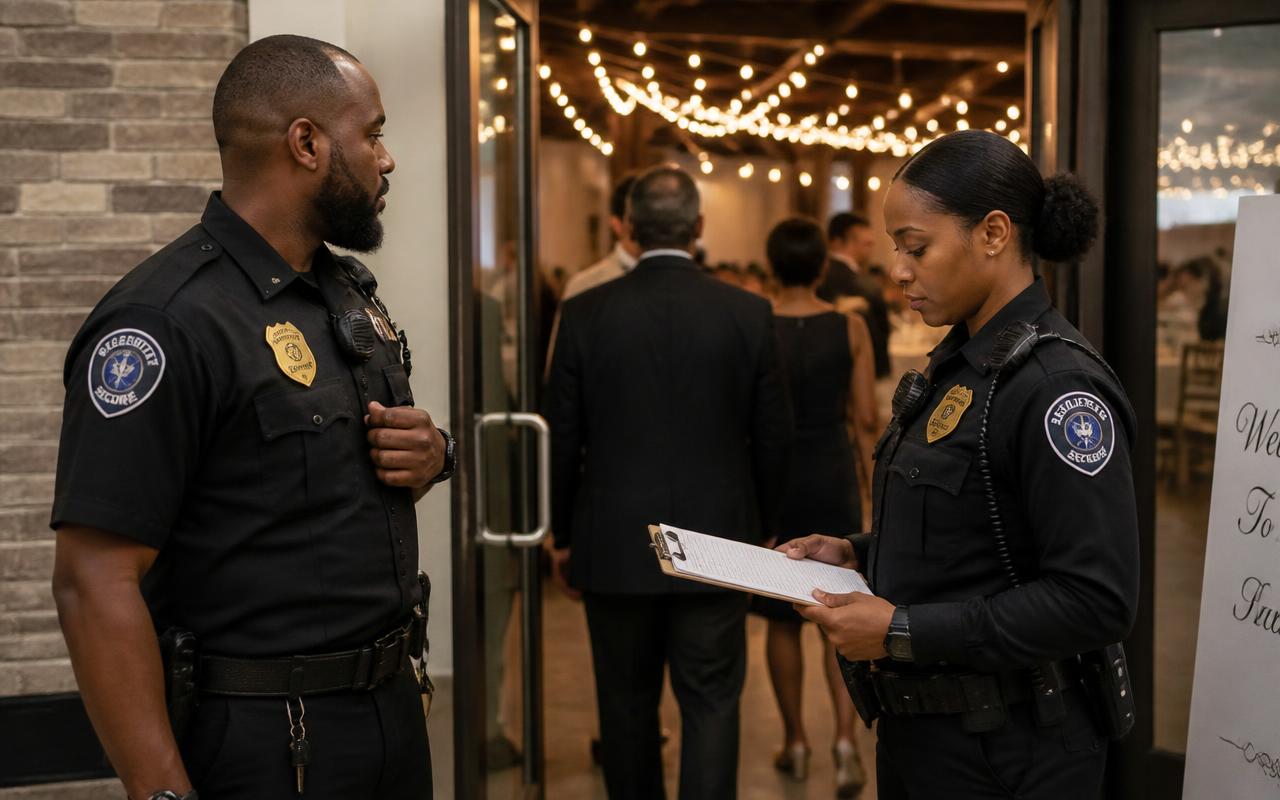 Uniformed security officer staffing an entry checkpoint at a Auburn event venue