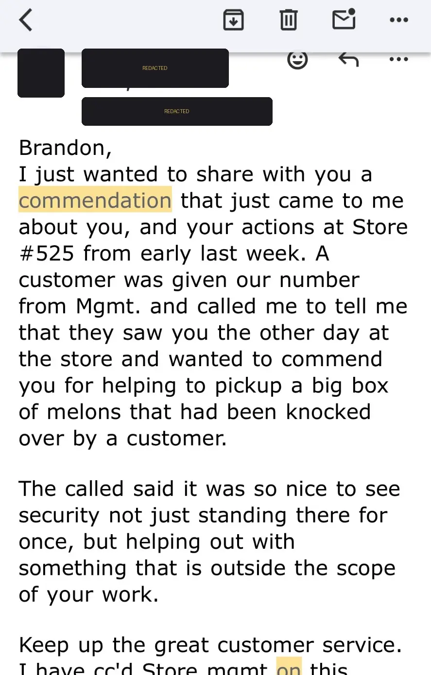 Redacted client email commending a Summit Force officer for helping a grocery store customer