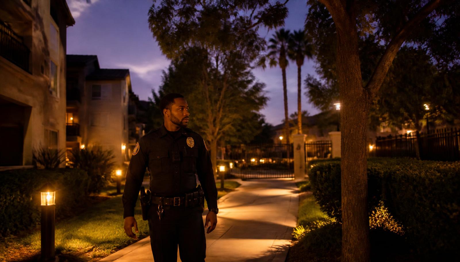 Summit Force officer on foot patrol through a gated Sacramento apartment community
