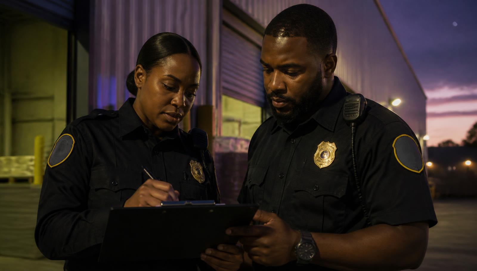 Two Summit Force officers reviewing a patrol log at a warehouse loading dock