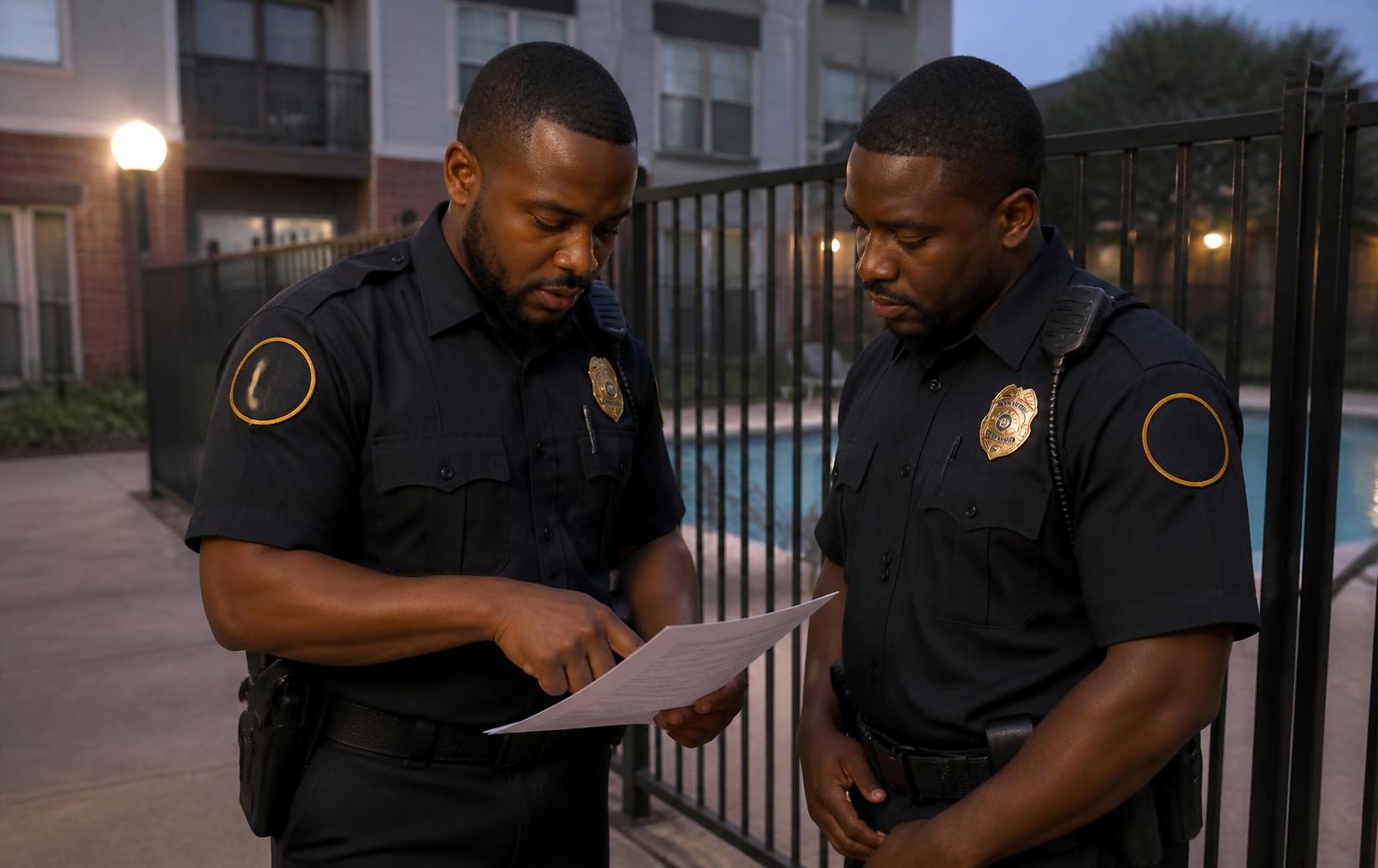 Two officers reviewing printed post orders at an apartment pool gate during shift change
