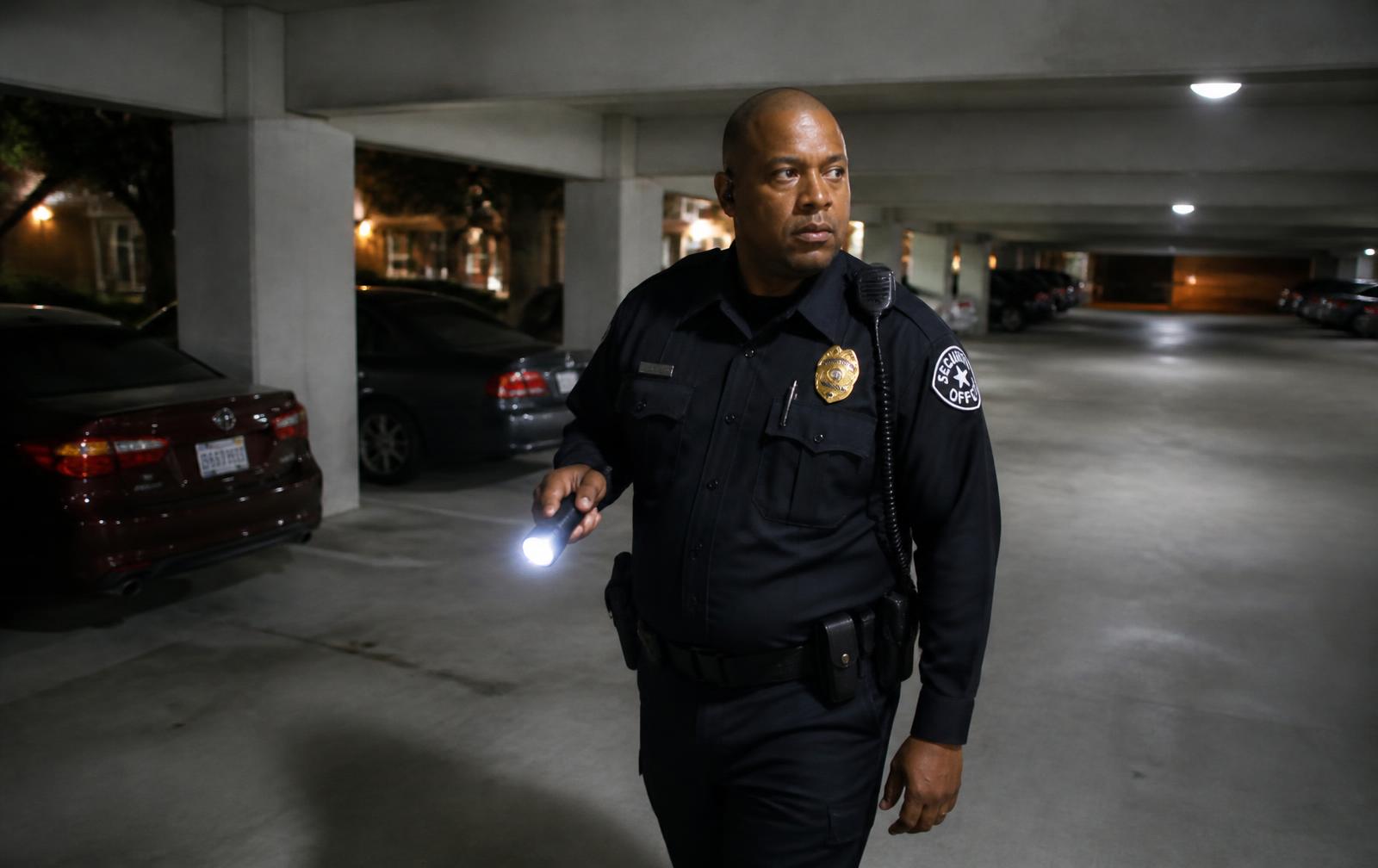 Uniformed officer sweeping a covered apartment parking garage at night with a flashlight
