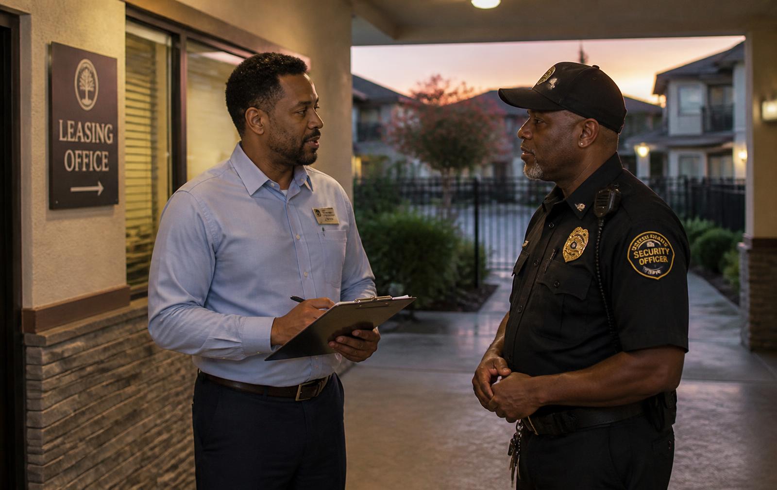 Apartment property manager reviewing post orders with a uniformed security officer