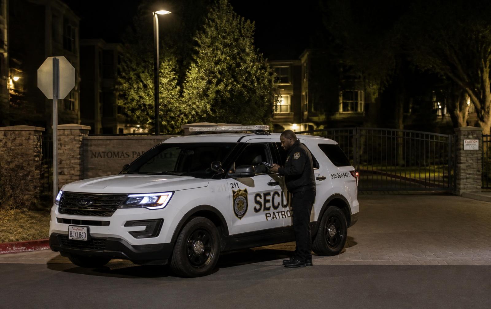 Marked patrol SUV at the gated entrance of an apartment community with an officer logging the pass