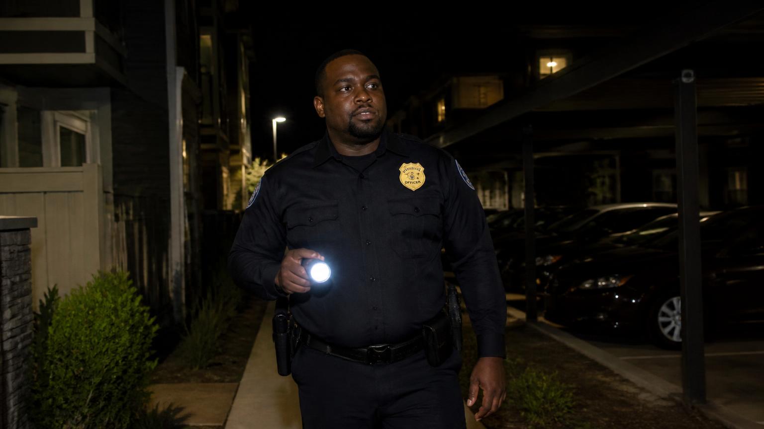 Summit Force officer walking an Elk Grove apartment carport row at night