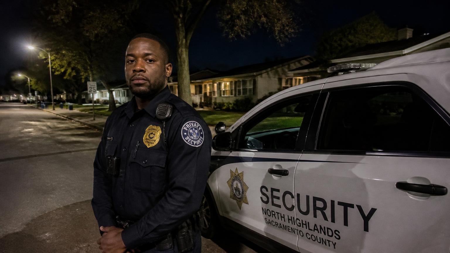 Summit Force patrol officer beside a marked unit on a North Highlands residential street at night