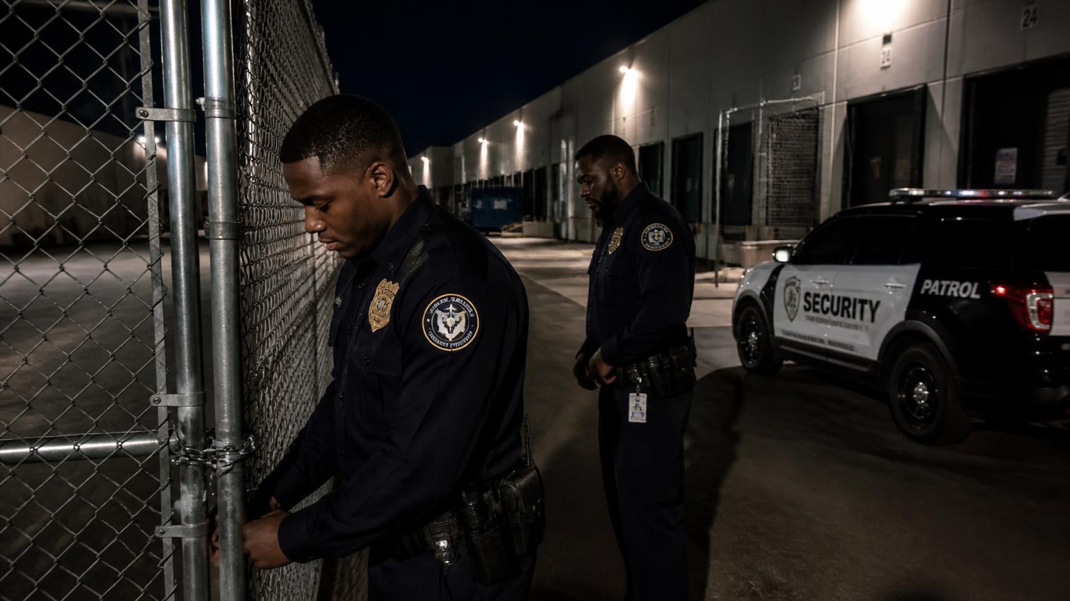 Two Summit Force officers checking a gate at a Rancho Cordova industrial park