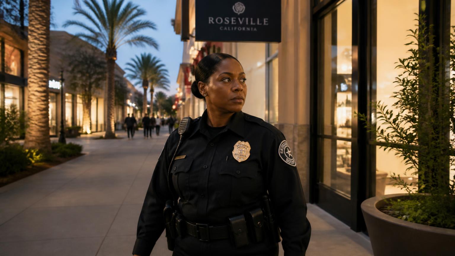 Security officer patrolling a Roseville mixed-use retail and residential plaza